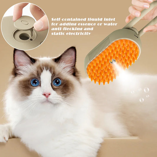 3-in-1 Pet Steam Brush: Clean, Massage, Remove Hair.