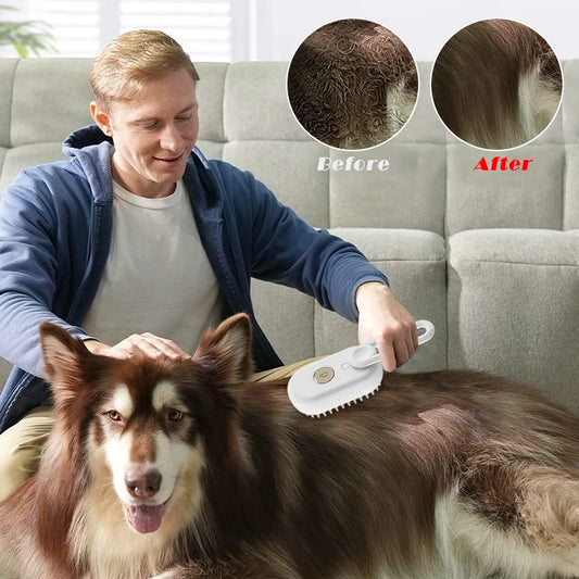 3-in-1 Pet Steam Brush: Clean, Massage, Remove Hair.